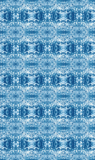 Blue abstract vinyl floor covering with dense distressed pattern and repeating shapes