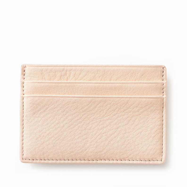 Beige textured leather card holder with stitched border and front card sleeve