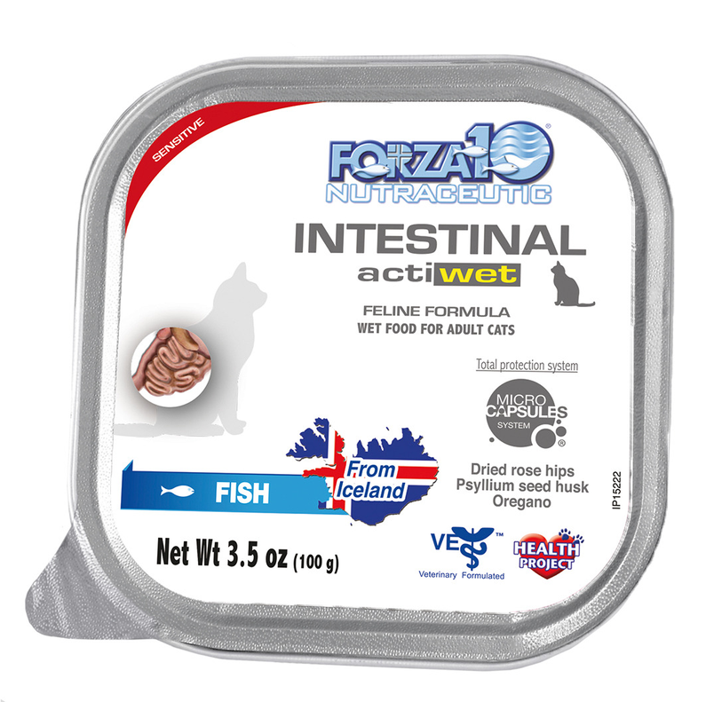 Forza10 Intestinal actiwet fish wet food tray for adult cats, 3.5 oz (100 g).