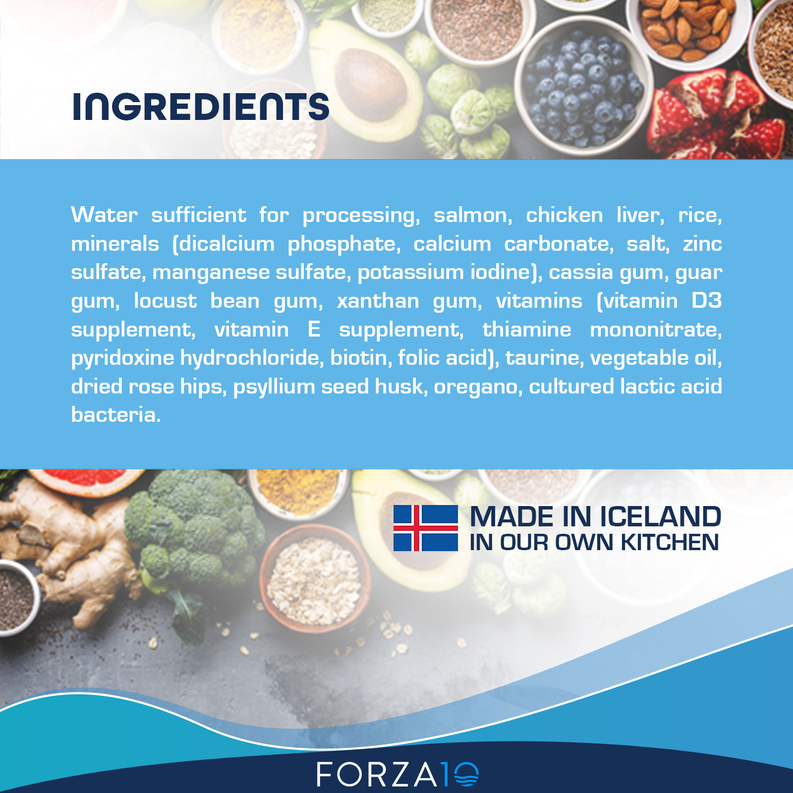 Wet cat food ingredients panel for Forza10 Intestinal actiwet, made in Iceland.