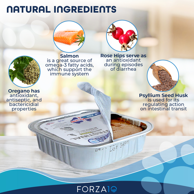 Cat food tray with natural ingredients shown: salmon, rose hips, oregano, psyllium husk.