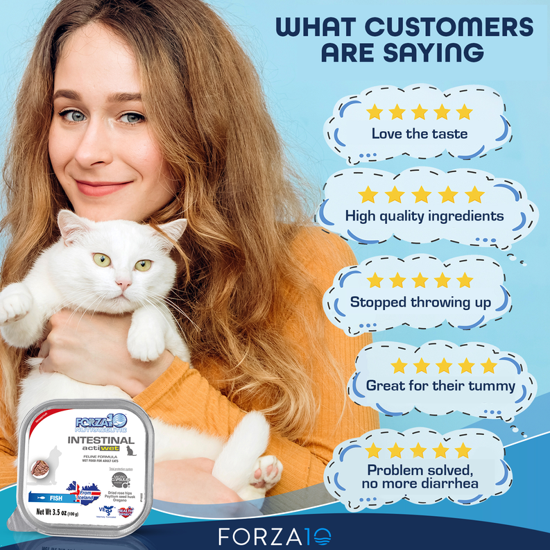 Wet cat food tray with a woman holding a white-and-orange cat; Forza10 actiwet.