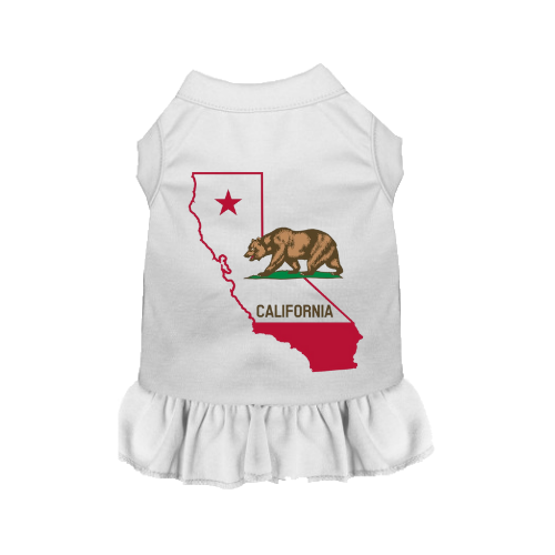 White pet dress, sleeveless, with California graphic and ruffled hem.