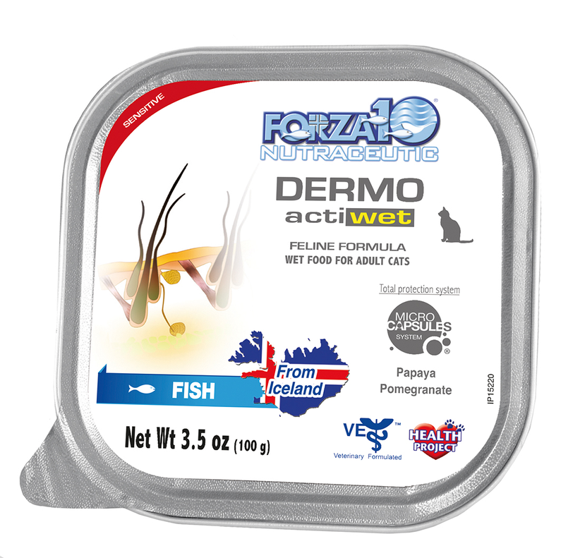 Forza10 ActiWet Dermo canned cat food foil tray, fish flavor, net Wt 3.5 oz