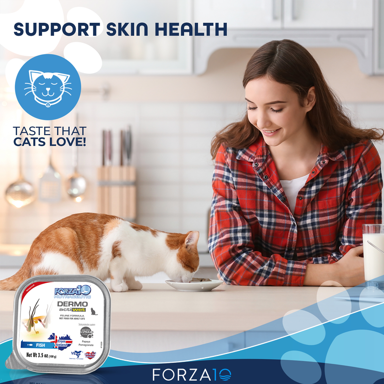 Forza10 ActiWet Dermo canned cat food foil tray with cat and skin health theme