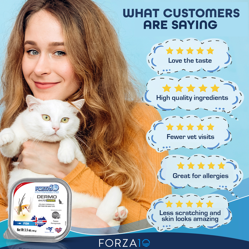 Forza10 ActiWet Dermo canned cat food foil tray with cat and customer review stars