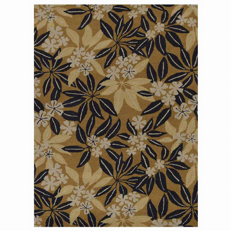 Hand-tufted wool floral area rug, full pattern view; beige ground with dark navy blooms