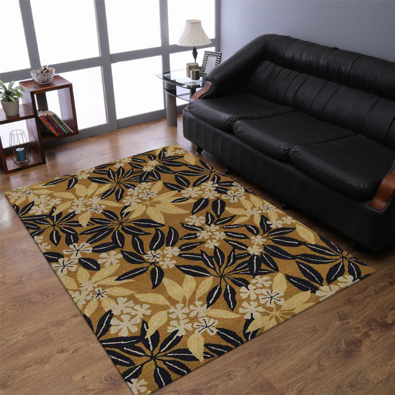 Hand-tufted wool floral area rug in living room; beige with dark navy botanical pattern