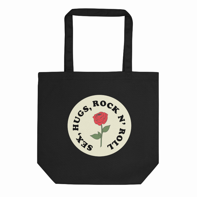 Black tote bag with round “Hugs, Rock N’ Roll” rose logo