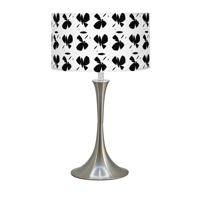 Butterfly-pattern table lamp with white shade and silver-gold pedestal base