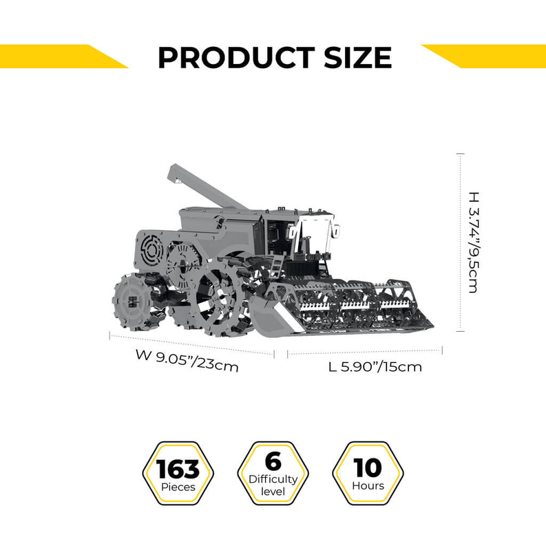 Harvester construction set size diagram: 15cm L, 23cm H, 23cm W, 163 pieces.