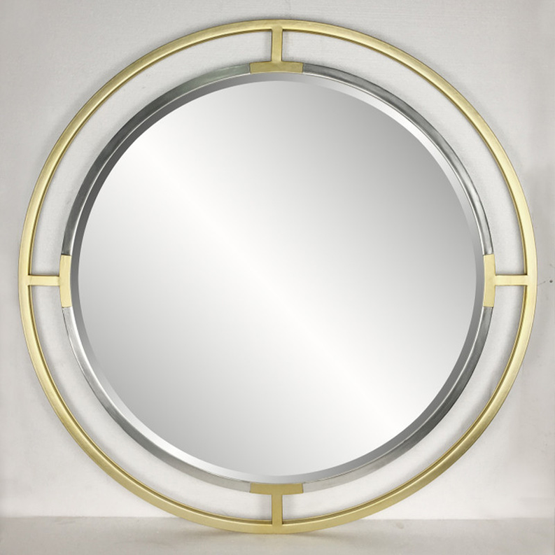 Round dresser mirror with gold openwork frame and reflective glass panel.