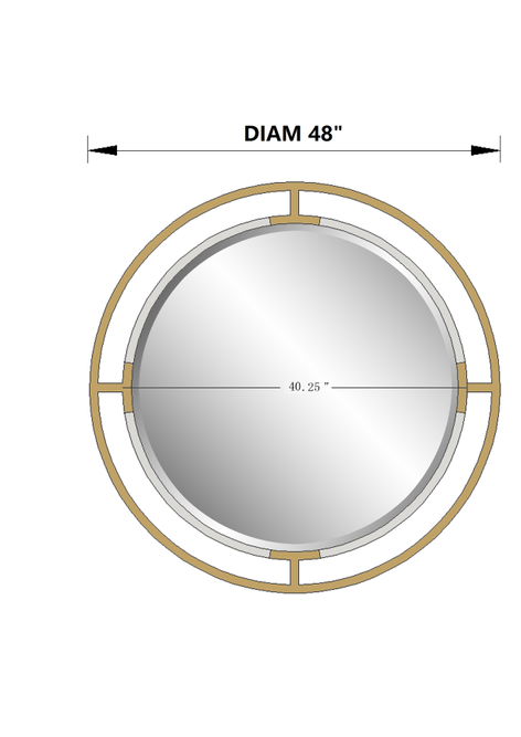 Round mirror, 48 in diameter, with gold openwork frame and central reflective glass.