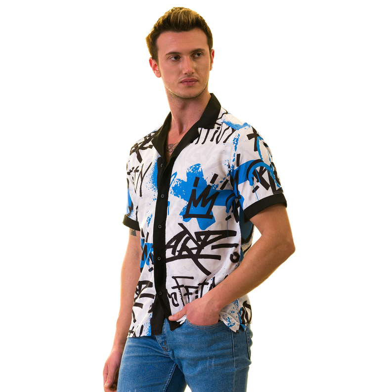 Men's short-sleeve button-up shirt with black-trim collar and bold graffiti pattern