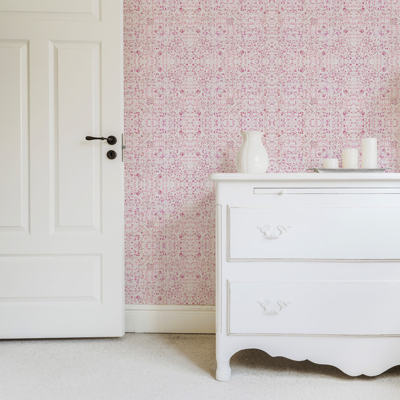 Rose floral wallpaper with tiny scattered blooms across a feature wall