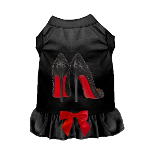 Fierce Loubarkin black pet dress with high-heel graphic and red bow