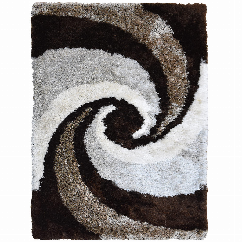 Square shag rug with swirl design in black, brown, gray, and white
