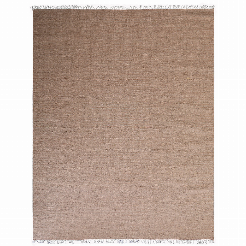 Solid brown-tan flatweave Kilim wool area rug with frayed edge
