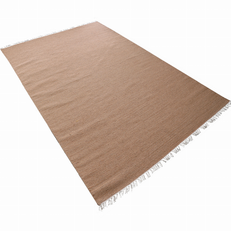 Tan wool flatweave kilim area rug with short fringe on multiple sides