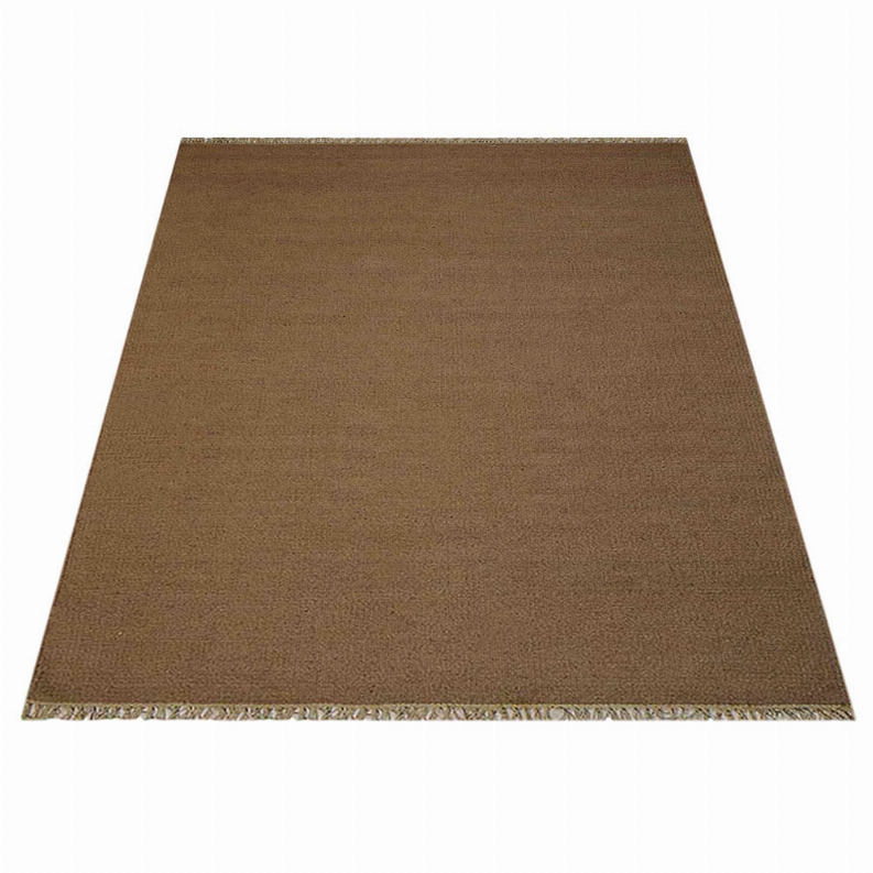 Flat brown wool flatweave kilim rug with fringe edges