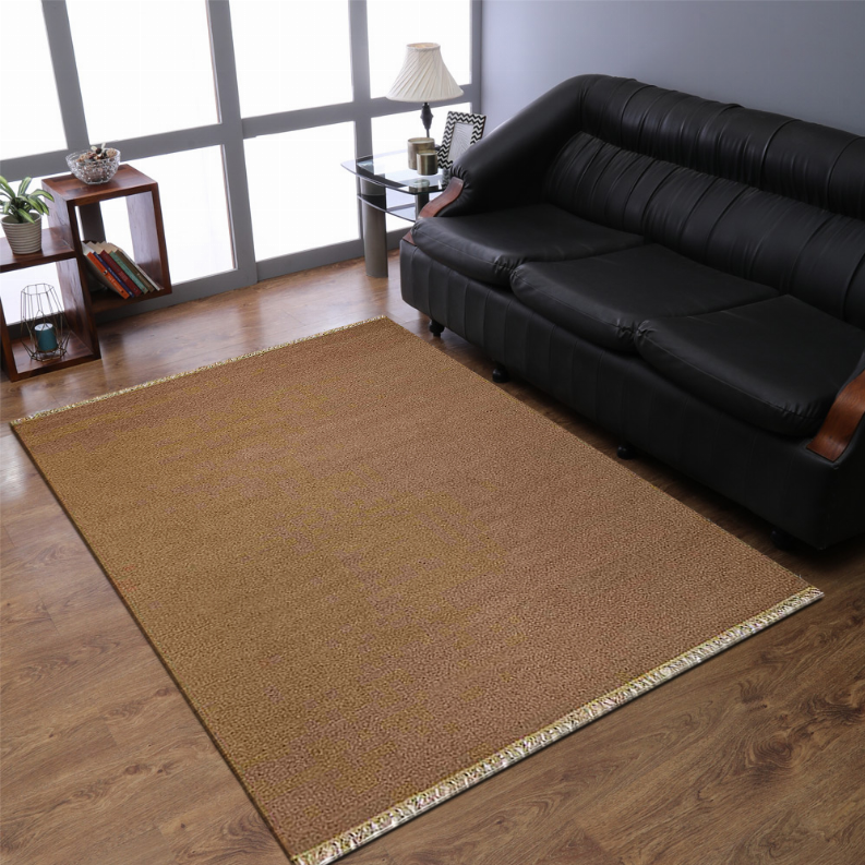 Tan-brown rectangular kilim rug, flat woven wool with short fringed edge