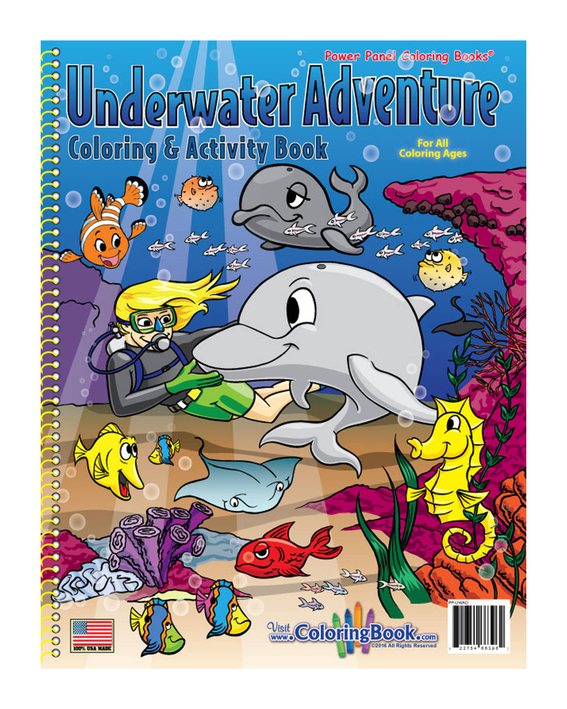 Spiral-bound underwater adventure coloring & activity book cover with sea animals