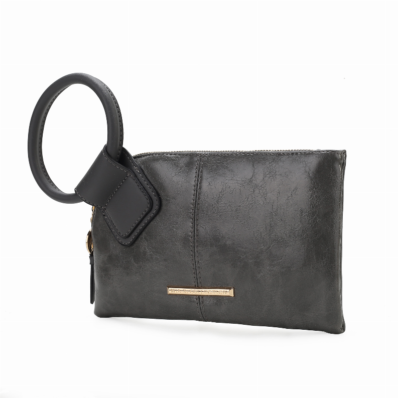 Dark gray wristlet clutch with loop wrist strap and rectangular front clasp bar