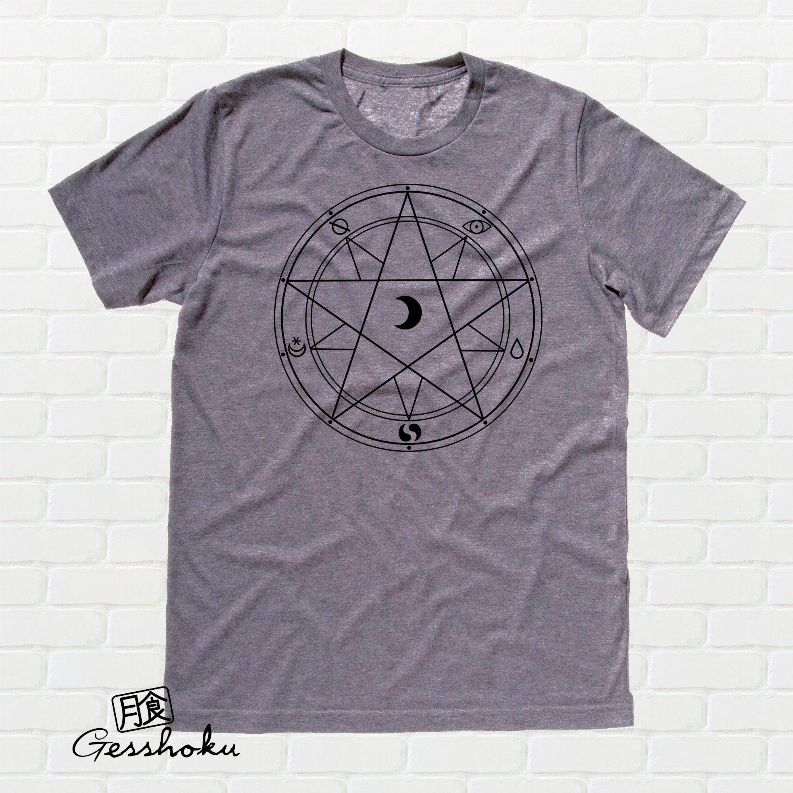 Charcoal gray unisex T-shirt with black magic-circle pentagram graphic