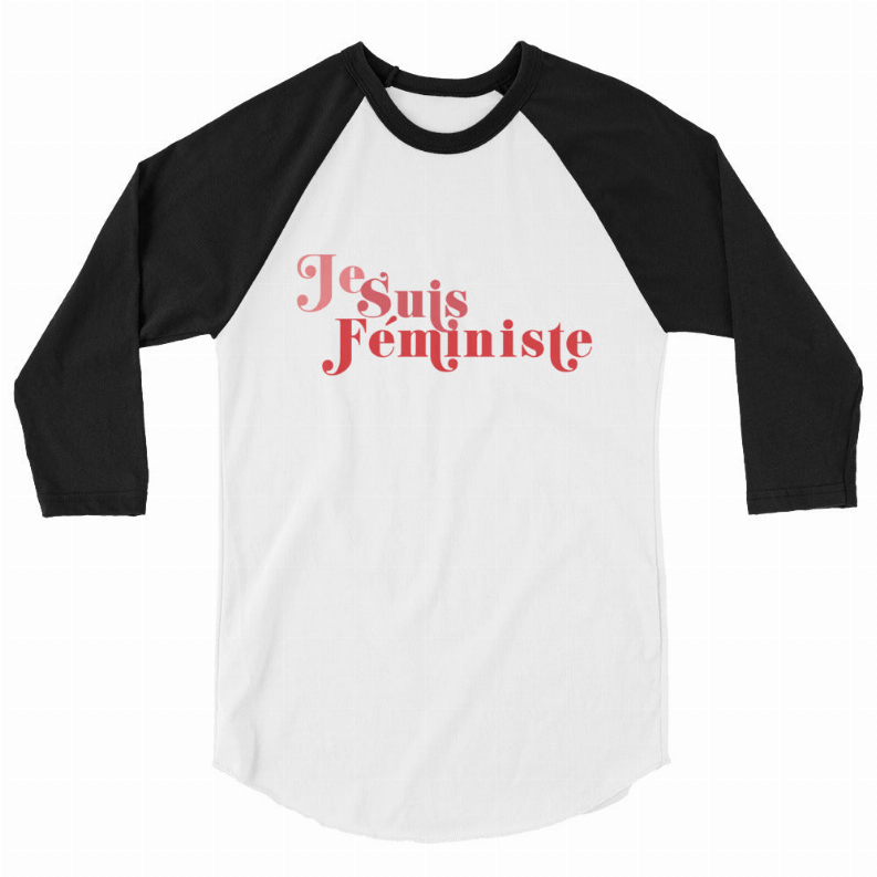 Ringer T-shirt with black raglan sleeves, white body, pink 'Je Suis Feministe' print