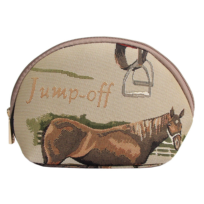Horse printed cosmetic zipper pouch, beige fabric, oval shape