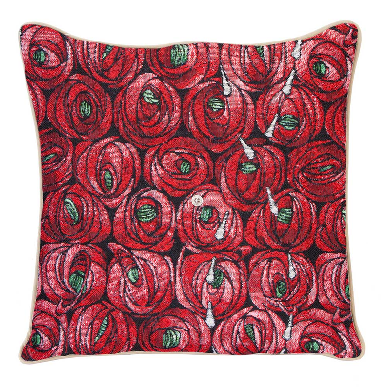 Rennie Mackintosh rose-pattern cushion cover, red with teal roses, square