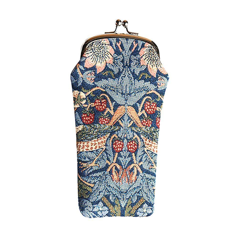 Blue floral tapestry-style glasses pouch case with metal clasp frame