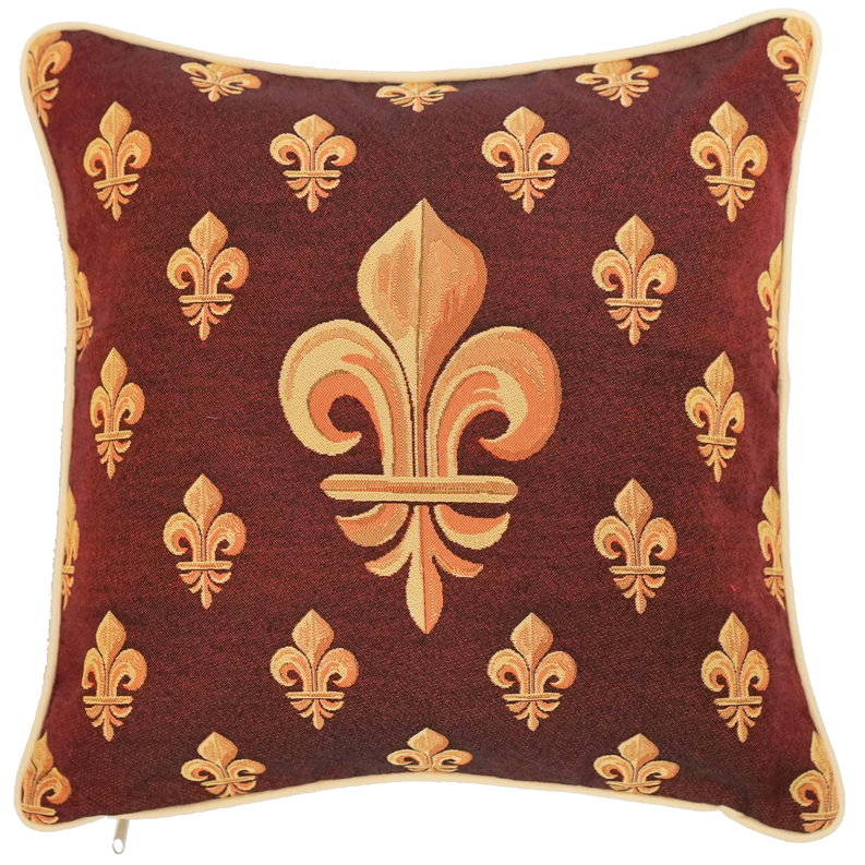 Red cushion cover with gold fleur-de-lis pattern and central fleur motif, with light trim