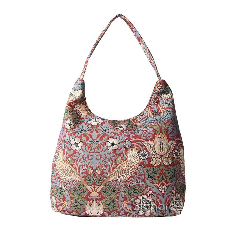 Red William Morris Strawberry Thief hobo shoulder bag with botanical print and top handle