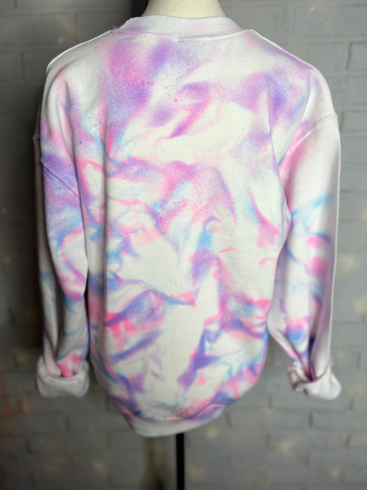 Crewneck neon tie-dye sweatshirt back view in pastel pink, blue, and white