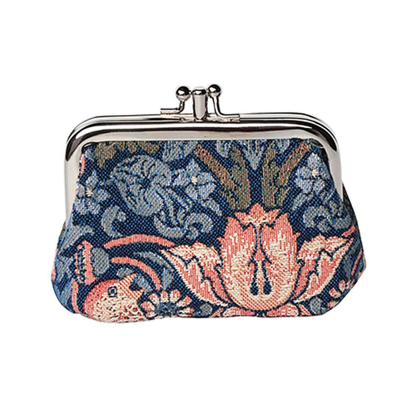 Blue floral tapestry coin clasp frame purse wallet with silver clasp