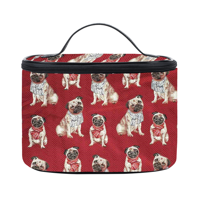 Red pug-pattern toiletry vanity travel bag with black zipper top and carry handle