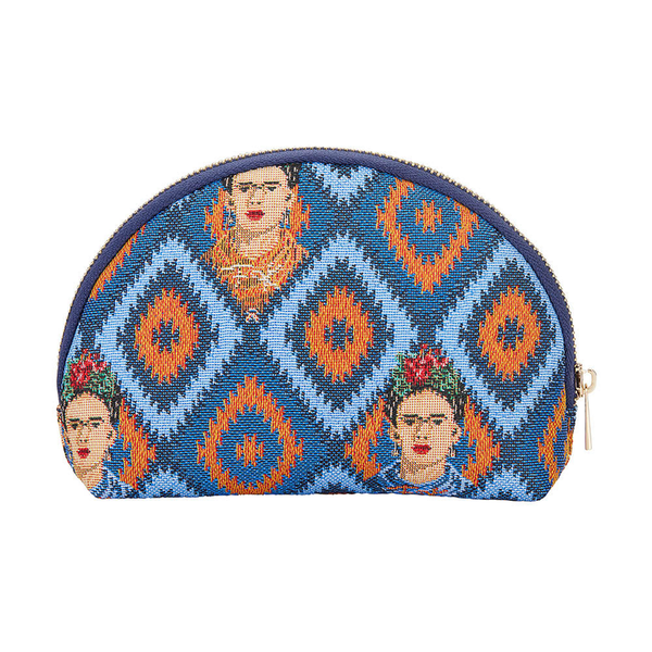 Frida Khalo cosmetic makeup bag, half-moon zip pouch with blue patterned portraits