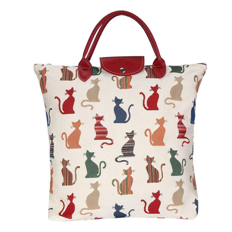 Cat-print foldaway grocery bag with red handles and front snap pocket