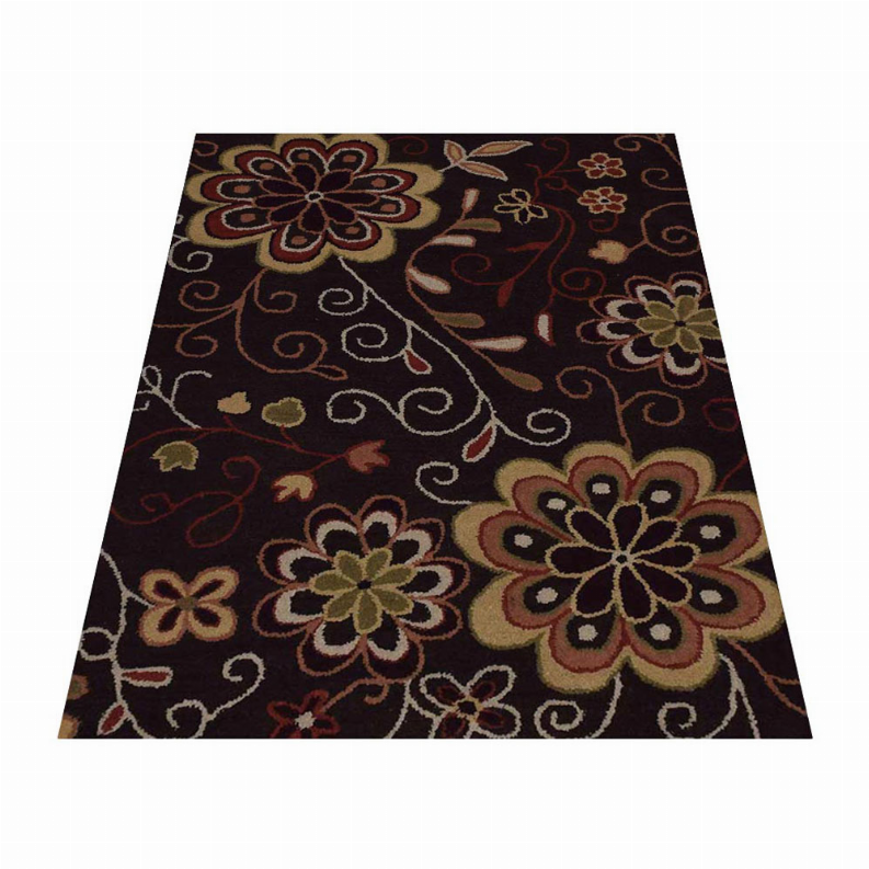 Floral area rug laid flat: dark brown base with multicolor blossoms and swirls