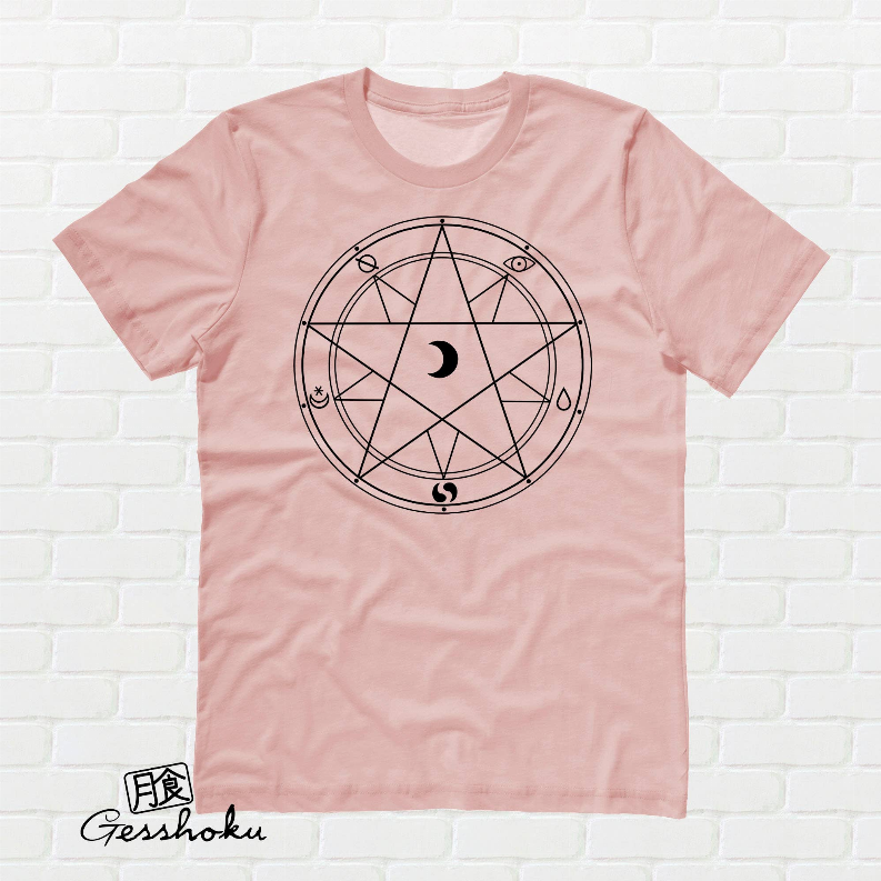 Dusty rose unisex T-shirt featuring a black pentagram emblem on the front center