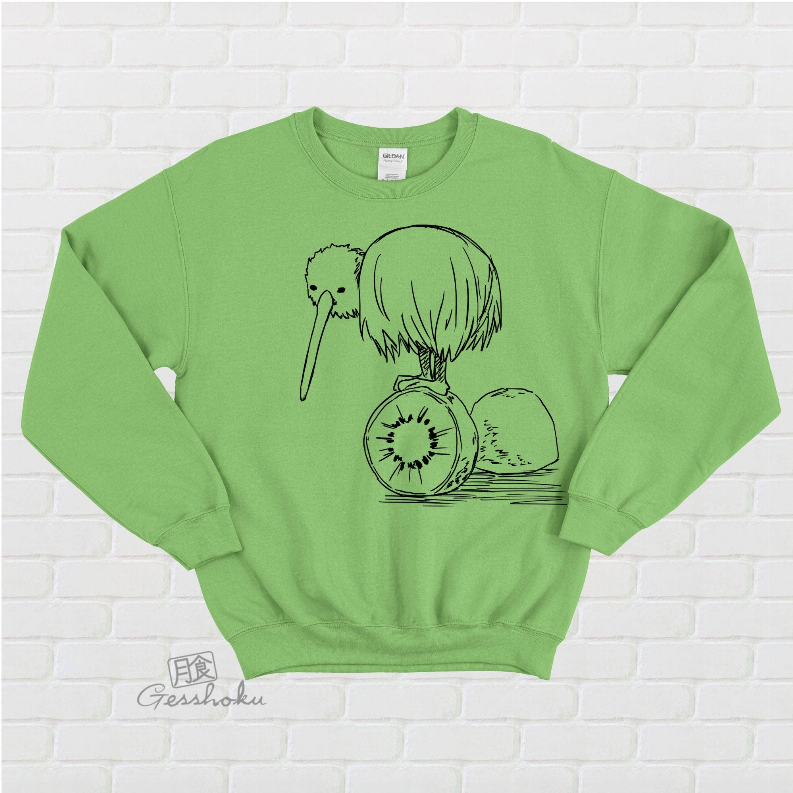 Lime green fleece crewneck with long sleeves and kiwi-bird front print.