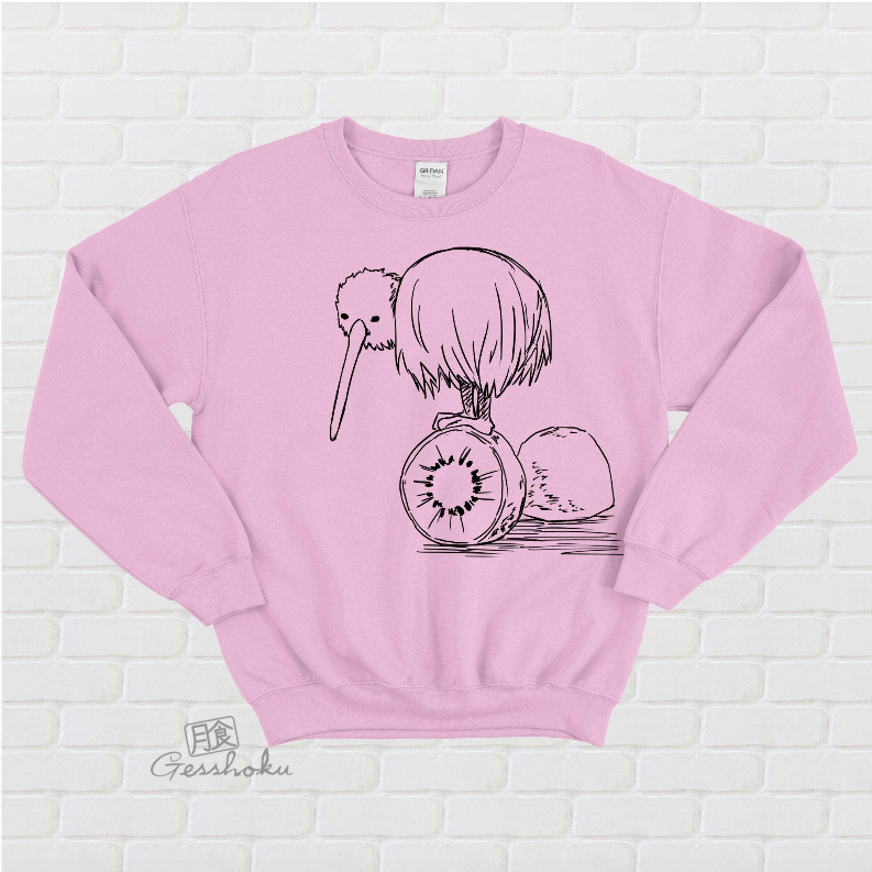 Light pink crewneck fleece sweatshirt with round neckline and bird with kiwi slice graphic