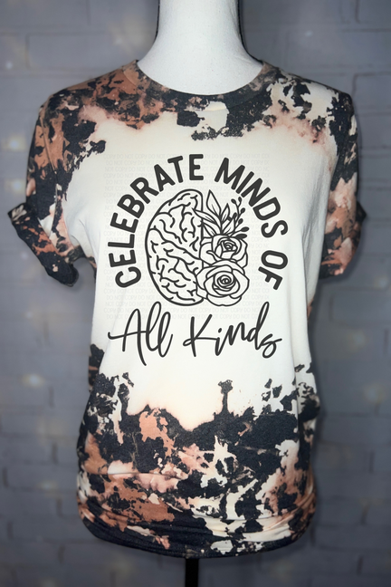 Black/cream splatter graphic T-shirt, 'Celebrate Minds of All Kinds' brain-rose text