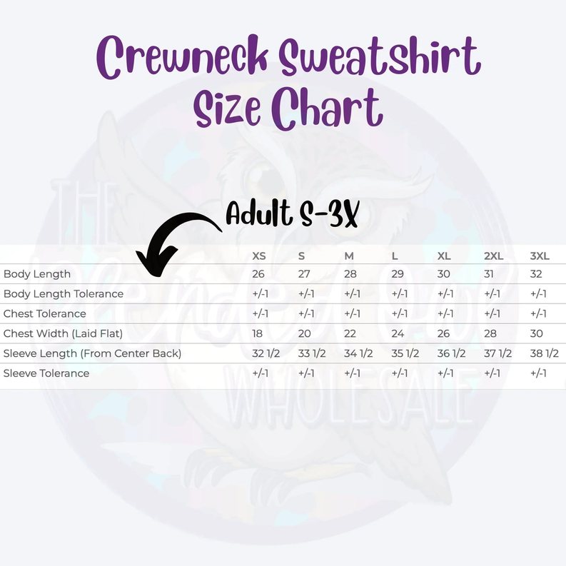 Dog mom sweatshirt crewneck size chart (adult S–3XL) with body and sleeve measurements