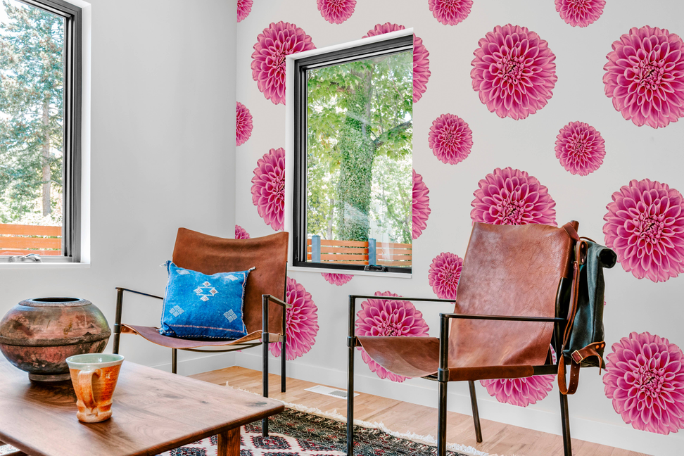 Pink peel-and-stick vinyl canvas wallpaper panel with large pink flower pattern