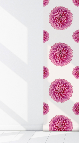 Pink wallpaper panel corner detail with repeating pink dahlia blossoms on white backing