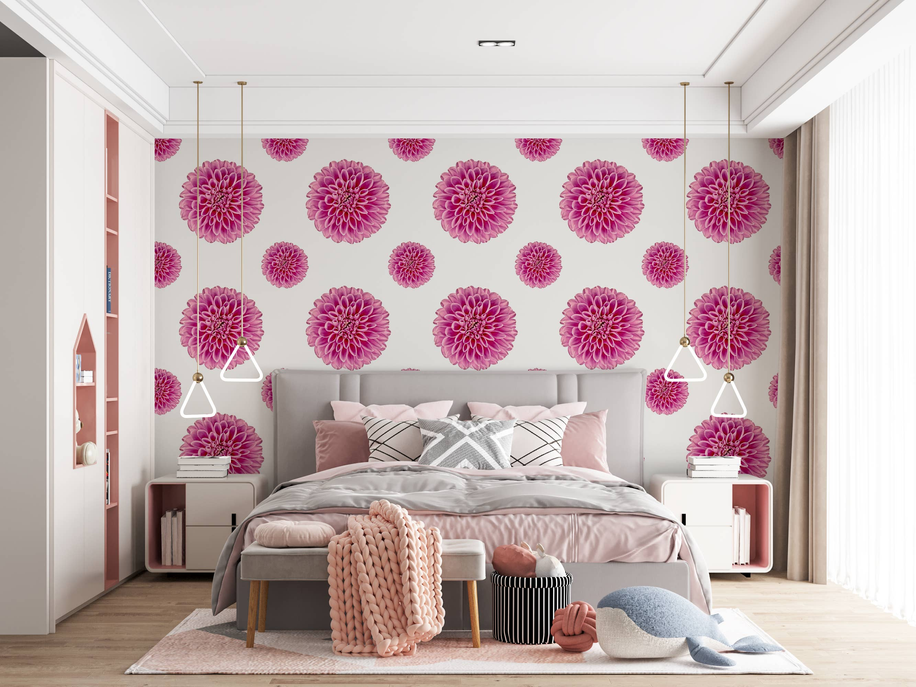 Pink peel-and-stick wallpaper panel with scattered pink dahlia blossoms across wall