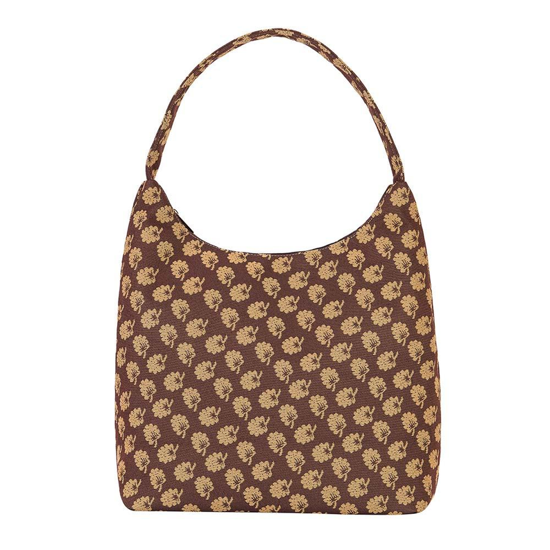 Hobo shoulder bag in brown with small gold floral pattern, rounded top handle