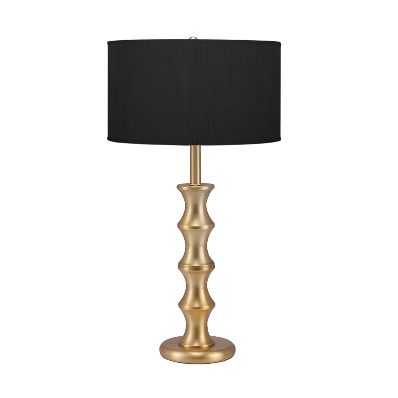 Bamboo table lamp with black fabric shade and brushed brass stacked column base